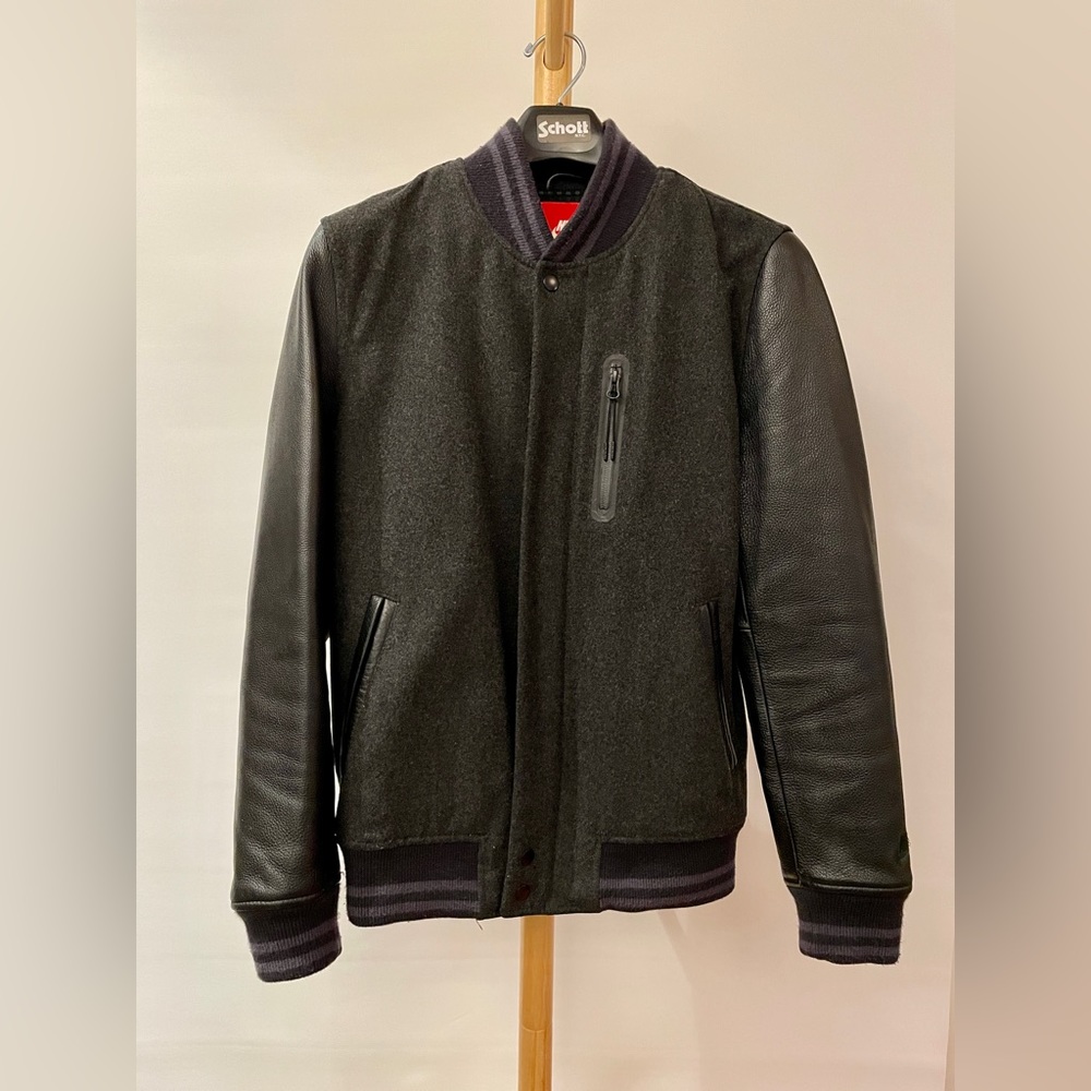 rare nike destroyer varsity jacket black leather & wool 100% thermore® insulated
